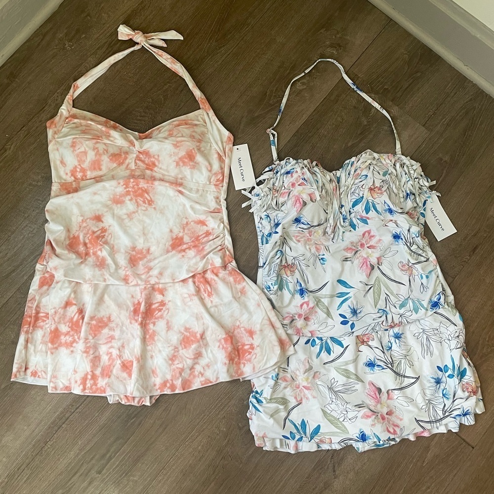 NEW Bundle of 2 Halter One Piece Swimsuits Size 2XL Pink Tie Dye Floral Fringe